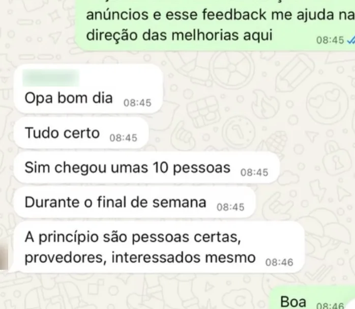 Cliente no WhatsApp: chegaram umas 10 pessoas no fim de semana, interessadas mesmo