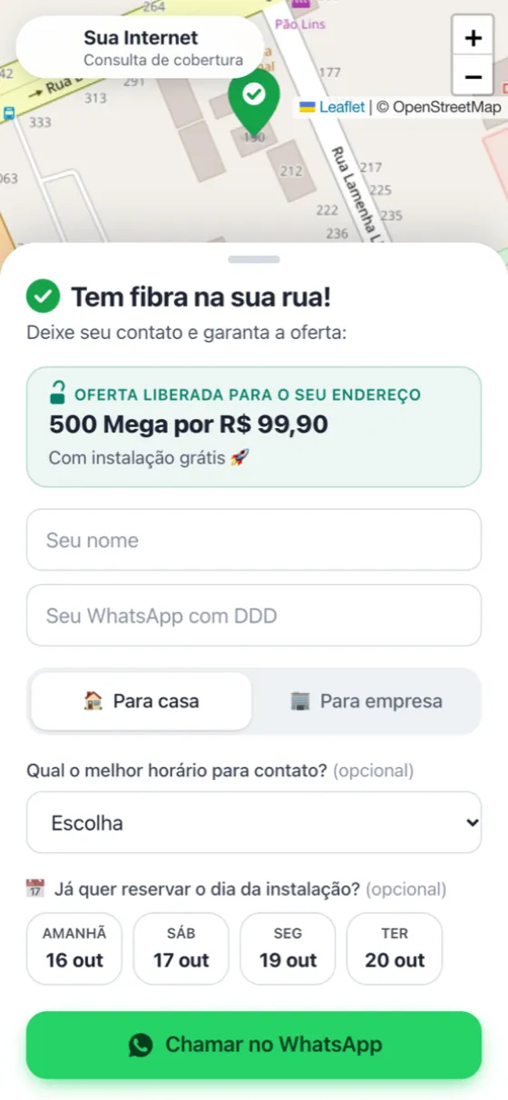 Tem fibra: oferta liberada, nome, WhatsApp e dia da instalação